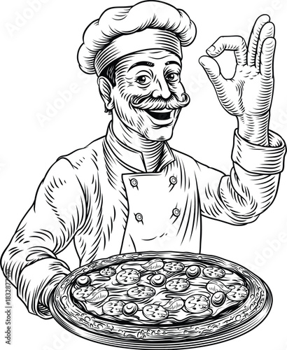 Black and white woodcut style illustration of a cheerful Italian chef holding a tray with a freshly baked pizza. For pizzeria, restaurant menus, culinary branding, and vintage style food packaging.