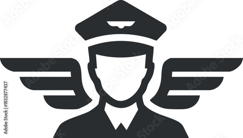Stylized black and white vector illustration of a pilot character with wings, ideal for aviation-themed projects and design.