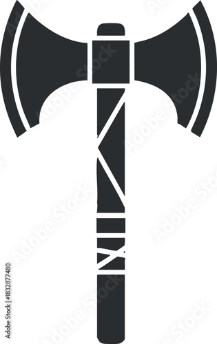 Stylized vector illustration of a battle axe in a minimalist black and white design, suitable for fantasy and adventure themes.