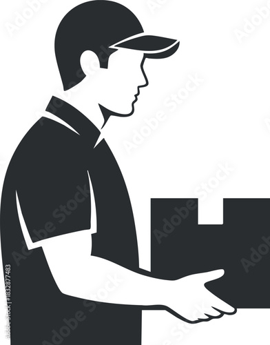 Minimalist black and white vector illustration of a delivery man handling a box for logistics and shipping services