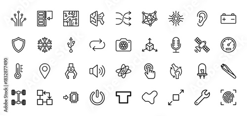 Electronics and iot line icon set. Vector pictograms of circuit, battery, sensor, camera, and processor, thin linear illustration.