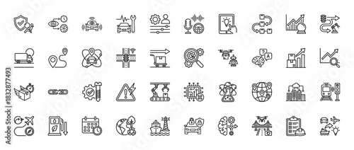 Logistics, supply chain, and future transportation line icon set. Vector pictograms of autonomous vehicles, shipping boxes, drones, and artificial intelligence, thin linear illustration.