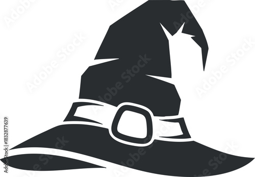 Stylized black silhouette illustration of a witch hat suitable for Halloween-themed designs and costume events