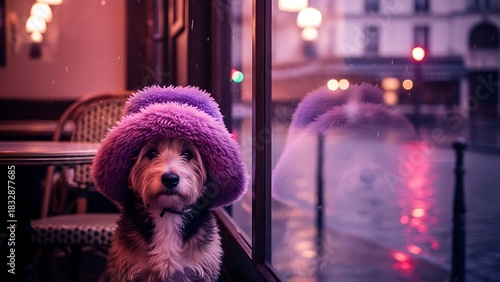 Fototapeta Naklejka Na Ścianę i Meble -  Adorable puppy wearing a funny purple hat sits patiently by the window of a cozy cafe in Paris on a rainy evening, creating a heartwarming scene, full of charm