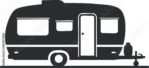 Minimalist black and white vector illustration of a classic caravan, ideal for travel and outdoor adventure themes