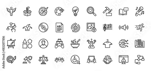 Creative and business line icon set. Vector pictograms of lightbulb, palette, magnifying glass, gears, and brain, thin linear illustration.