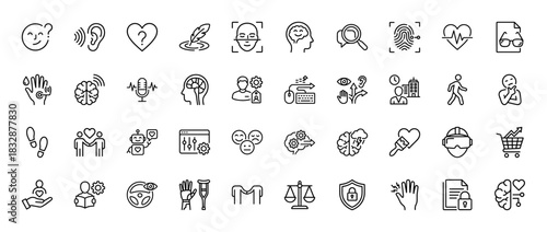 Psychology and biometrics line icon set. Vector pictograms of brain, ear, eye, fingerprint, heart, robot, face, headset, and shield, thin linear illustration.