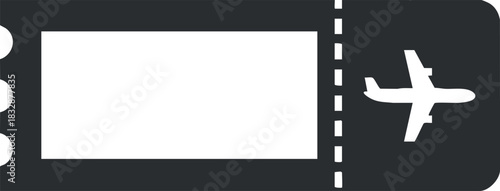 Minimalist black and white vector illustration of an airline ticket design featuring a plane icon for travel and transportation projects