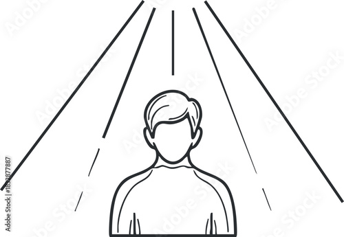 Minimalist outline vector illustration of a person surrounded by light beams, symbolizing inspiration and creativity.
