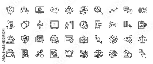 Cyber security and data privacy line icon set. Vector pictograms of shield, lock, firewall, biometrics, gdpr, safe, cctv, fingerprint, thin linear illustration.