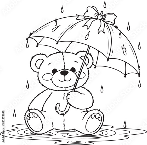teddy bear with rosy cheeks holds an umbrella in the rain, sitting in puddles with raindrops falling