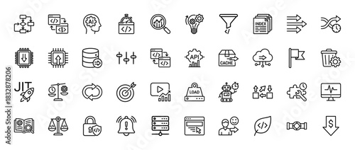 Technology and development line icon set. Vector pictograms of coding, database, api, cpu, and optimization, thin linear illustration.