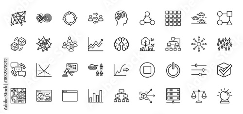 Data science and strategy line icon set. Vector pictograms of algorithm, network, flowchart, hierarchy, statistics, prediction, and logic, thin linear illustration.