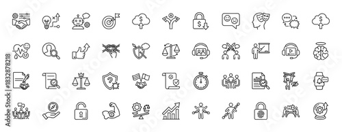 Business and corporate strategy line icon set. Vector pictograms of handshake, target, security, balance, and growth, thin linear illustration.