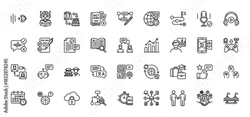 Language learning and translation line icon set. Vector pictograms of robot, dictionary, microphone, headphones, speech bubble and brain, thin linear illustration.