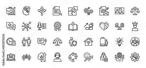 Business management and corporate strategy line icon set. Vector pictograms of briefcase, target, puzzle, scale, rocket, teamwork, crown, thin linear illustration.