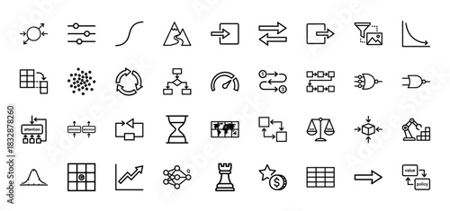 Machine learning and artificial intelligence line icon set. Vector pictograms of attention, flowcharts, data, and algorithms, thin linear illustration.