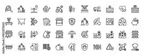 Agriculture and food technology line icon set. Vector pictograms of smart farming, hydroponics, quality control, and delivery, thin linear illustration.