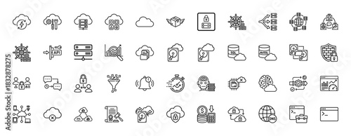 Cloud computing line icon set. Vector pictograms of server, database, security, and networking concepts, thin linear illustration.