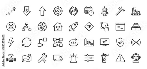 Technology and business line icon set. Vector pictograms of settings, api, delivery, and automation, thin linear illustration.