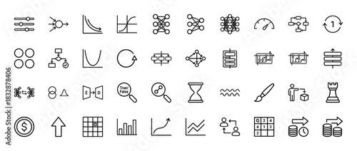 Artificial intelligence and machine learning line icon set. Vector pictograms of neural networks, data flow, graph analysis, and optimization, thin linear illustration.