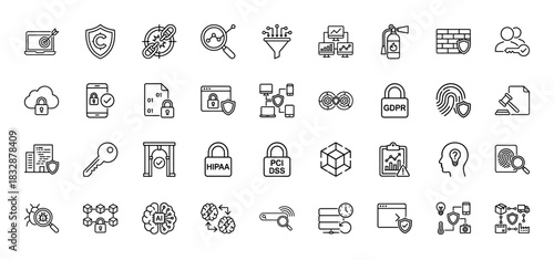 Cybersecurity and data protection line icon set. Vector pictograms of shield, lock, fingerprint, ai, and firewall, thin linear illustration.