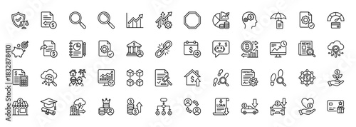 Finance and business line icon set. Vector pictograms of document, chart, money, property, loan, and strategy, thin linear illustration.