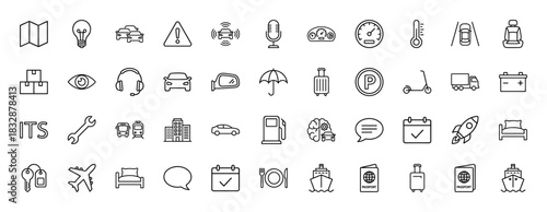 Transportation and travel line icon set. Vector pictograms of car, bus, plane, ship, luggage, speedometer, battery, gas station, and technology, thin linear illustration.