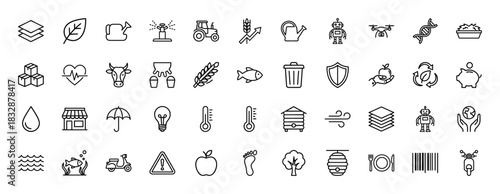 Agriculture and farming line icon set. Vector pictograms of tractor, drone, cow, wheat, leaf, sprinkler, beehive, fish, and apple, thin linear illustration.