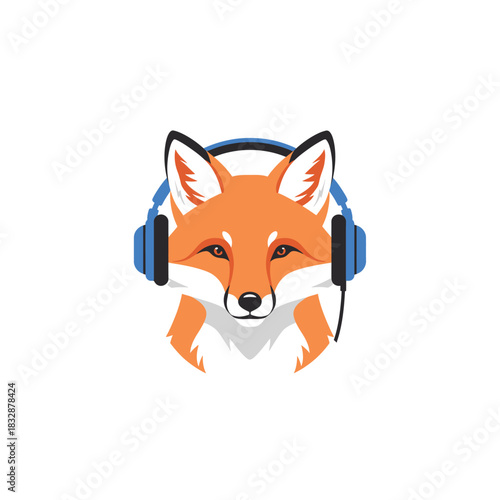 Cool Fox Mascot or Logo Wearing Blue Headphones and Microphone