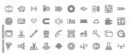 Industrial engineering and manufacturing line icon set. Vector pictograms of motor, chip, robot, battery, and tools, thin linear illustration.