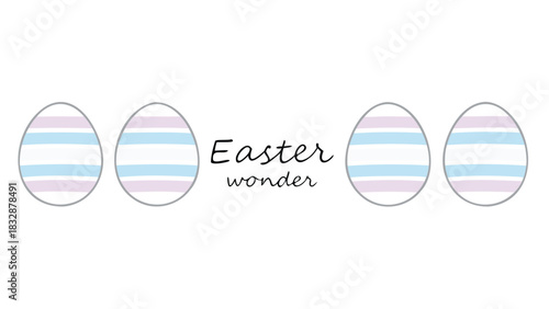 Four striped easter eggs in pastel colors of lavender and light blue arranged horizontally with the words easter wonder in the center on a white background