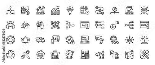 Business and technology line icon set. Vector pictograms of flow chart, calendar, robot, dollar coins, and server rack, thin linear illustration.