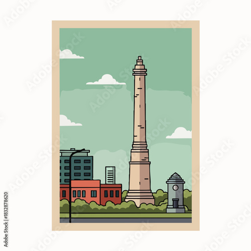 An elegant vintage-style vector drawing presents a prominent historical column amidst city buildings and a small clock tower, under a pastel sky.