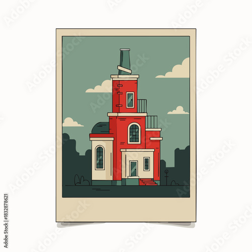 A vibrant red, unique architectural building with a tall chimney stands majestically within a classic polaroid frame, showcasing a charming retro illustration style.
