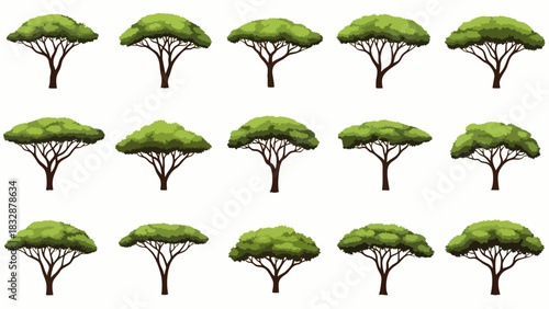 A versatile collection of stylized acacia trees, each featuring a unique flat-topped canopy and intricate branching, ideal for savanna-themed vector illustrations.
