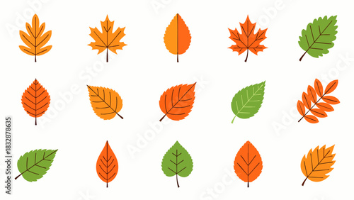A vibrant collection of stylized autumn and green leaves, featuring diverse shapes and colors, perfect for seasonal designs and nature-themed projects.