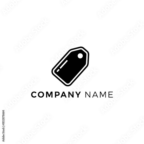 Simple black price tag logo with company name for branding and marketing.