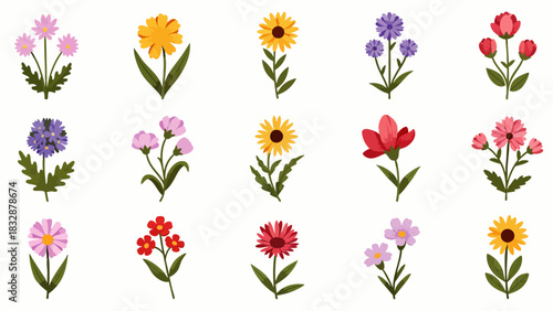 A vibrant collection of stylized floral illustrations showcasing various colorful blooms with green stems and leaves, perfect for spring and summer design projects.
