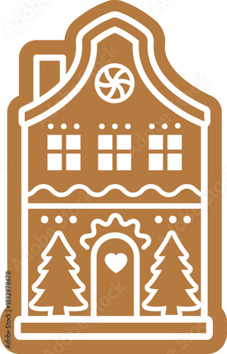 Xmas gingerbread house cookie flat vector illustration.
Gingerbread House with Icing Decoration
Christmas Gingerbread house clipart design isolated. 
For greeting card, poster, banner, leaflet.
