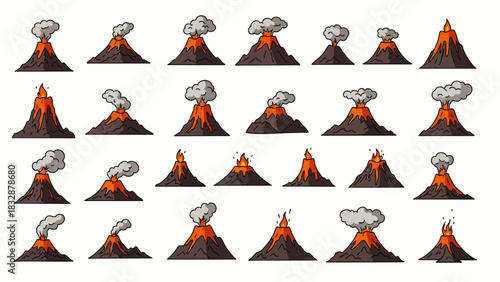 A vibrant pixel art collection illustrating diverse volcanic activity, from dormant peaks to erupting lava and smoky plumes, ideal for game design.