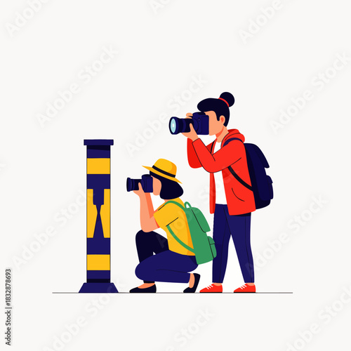 Two passionate photographers, one standing and one crouching, expertly capture a unique subject with their cameras, embodying the joy of visual exploration.
