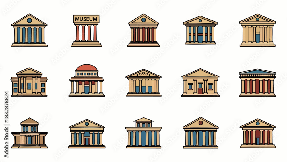 Naklejka premium A diverse collection of classical architectural icons, depicting various government buildings, museums, and temples, rendered in a clean, colorful line art style.