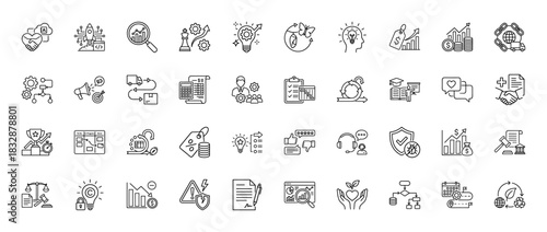 Business management and strategy line icon set. Vector pictograms of startup, analysis, finance, logistics, marketing and process, thin linear illustration.