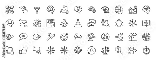 Business and strategy line icon set. Vector pictograms of decision, analytics, partnership, process, and success, thin linear illustration.
