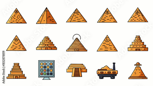 A vibrant collection of diverse pyramid and ancient temple icons showcasing various architectural styles from different historical civilizations across the globe.