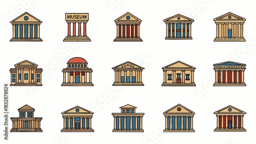 A diverse collection of classical architectural icons, depicting various government buildings, museums, and temples, rendered in a clean, colorful line art style.