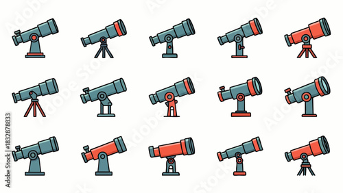 A collection of colorful cartoon telescopes and astronomical instruments, depicted in various modern flat design styles for observation and scientific exploration.