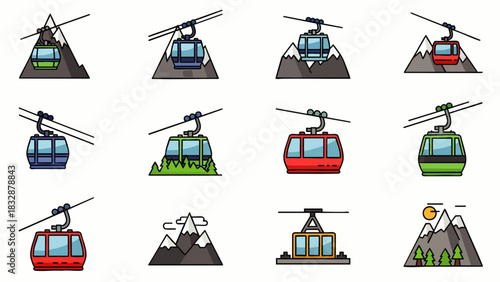 A diverse collection of colorful cable car and gondola lift icons, illustrating various mountain transportation systems for travel and leisure activities.