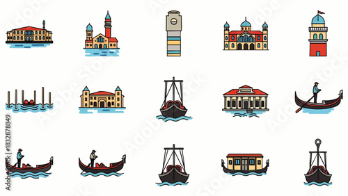 Charming pixel art icons depicting iconic Venetian landmarks, traditional gondolas, and historic architecture, perfect for retro travel designs or digital assets.